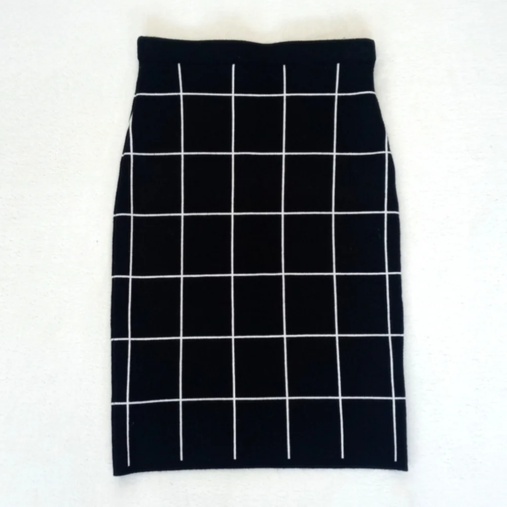 Mid Century Modern Navy Blue & White Grid Nylon Blend Pencil Straight Skirt S